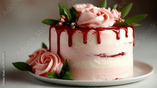 A beautifully decorated pink cake adorned with roses and syrup, ready for a special celebration. This image captures the joy of desserts and the sweetness of moments shared.
