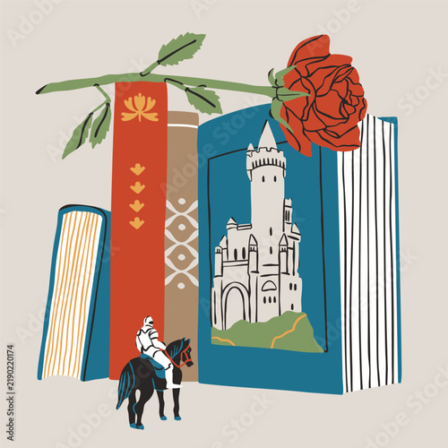 Stack of books. Red rose lying on books. Medieval castle, knight on a horse. Bookstore, library, cozy, leisure reading concept. Adventure, romance literature. Hand drawn trendy Vector illustration