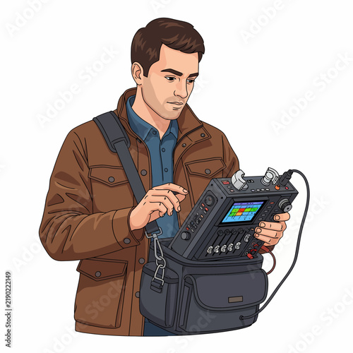 Male Documentary Audio Mixer Monitoring Field Recorder