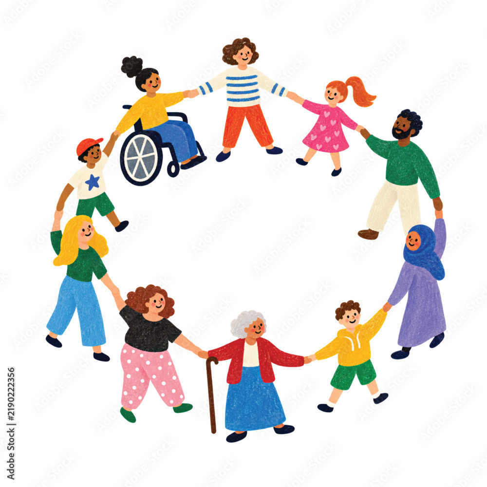 Fototapeta premium Diverse group of happy people of different ages and backgrounds holding hands in a circle representing community unity and inclusion in a flat colorful vector illustration style