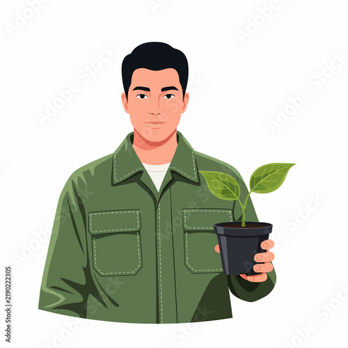 Male Environmental Reporter Holding Potted Seedling Plant