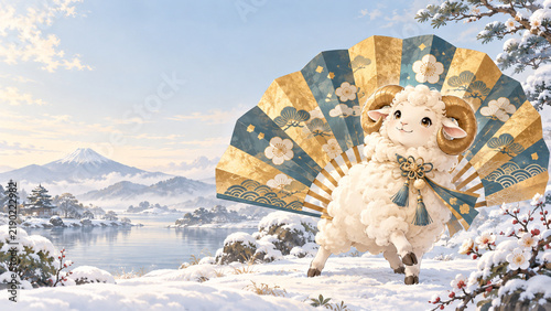 金色の扇を広げた羊と雪景色の年賀状向け横長背景