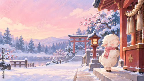 雪の神社で初詣する可愛い白い羊の年賀状向けガッシュ風イラスト