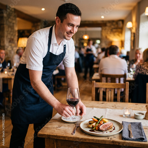Friendly waiter serving red wine glass next to gourmet duck dish in restaurant