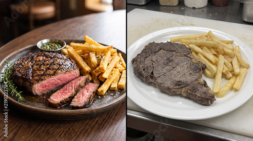 Side-by-side comparison of delicious juicy medium rare ribeye steak with fries versus overcooked dry steak