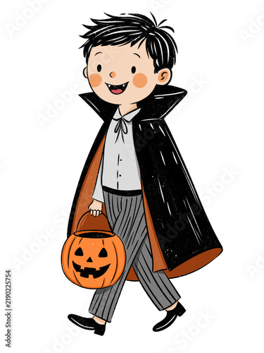 Fotografie Cute Little Boy wearing Vampire Dracula Costume Holding Pumpkin Bucket for Hallo