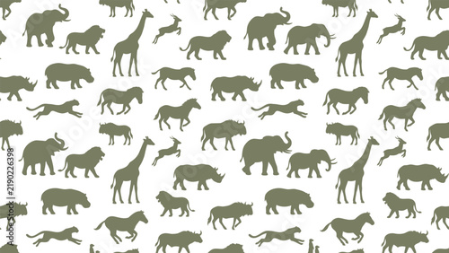 Photography Seamless vector pattern featuring olive green silhouettes of African safari animals including elephants, giraffes, lions, zebras, cheetahs, and rhinos on a clean white background