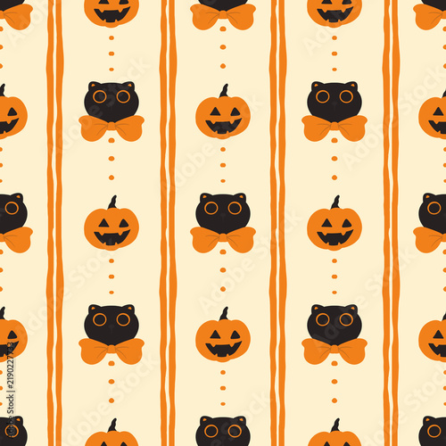 Seamless Halloween pattern with jack o lanterns and black cats on stripes