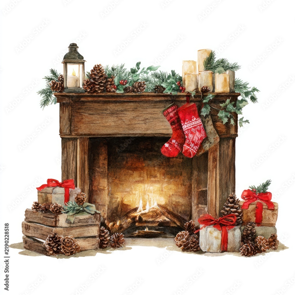 Obraz premium Cozy festive fireplace scene illustration.