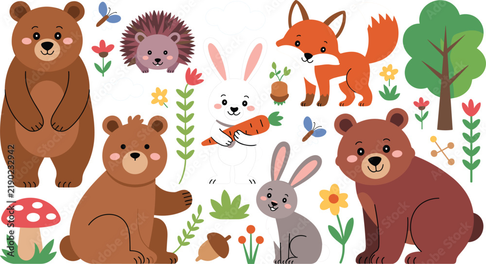 Obraz premium Cute Woodland Animals Illustration Set with Bears, Rabbits, Fox, Hedgehog, Flowers, Tree and Forest Nature Elements