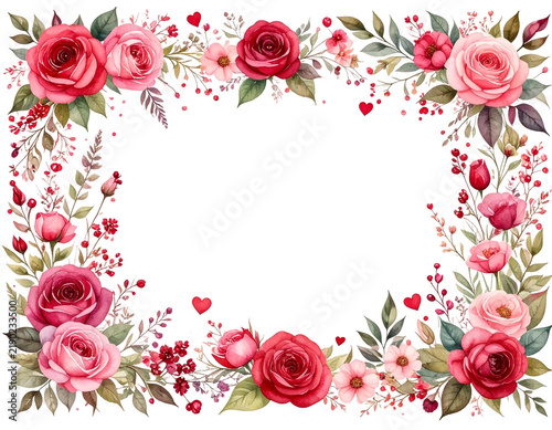 Decorative Floral Frame with Heart Accents and Soft Pink Watercolor Background