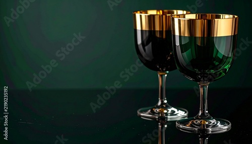 Luxury Emerald Green Wine Glasses with Gold Rim on Dark Reflective Surface elegant concept