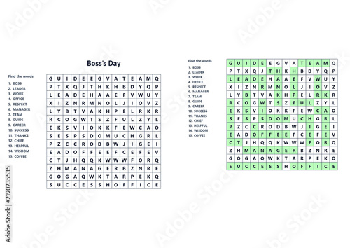 Boss's Day word search puzzle worksheet with letter grid and word list for office activity isolated on white background