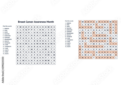 Breast Cancer Awareness Month word search puzzle worksheet with grid and word list isolated on white background