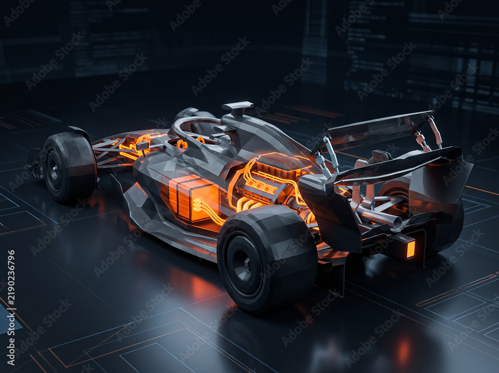 Fototapeta premium formula 1 racing car rear view with exposed internal engine section and glowing cooling system components