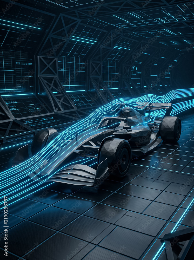Obraz premium formula 1 racing car races through virtual aerodynamics lab with blue airflows around body at high speed in futuristic design