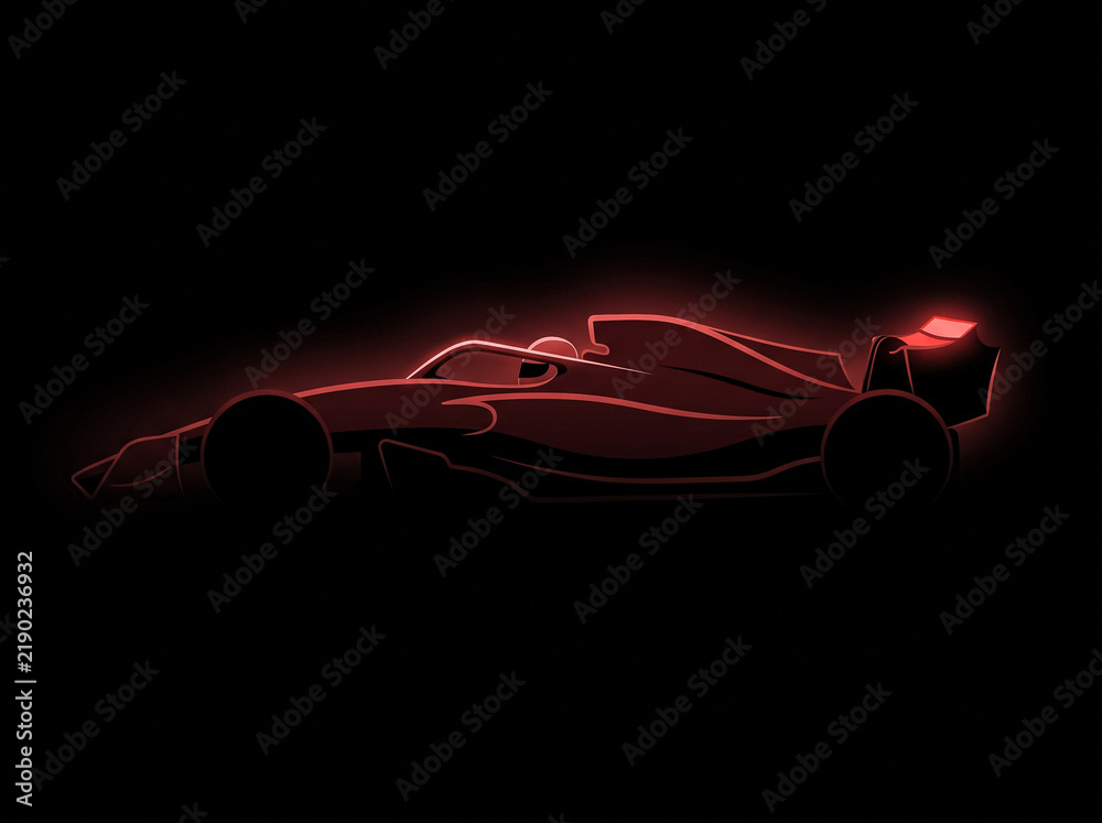 Obraz premium dark silhouette of formula one racing car with red neon lighting on top side view emphasizing aerodynamics speed and high power performance of modern sports car in motorsport