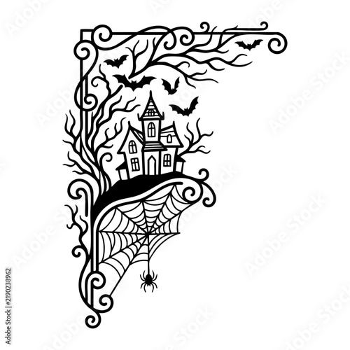 Haunted House with Spider Web and Bats Illustration
