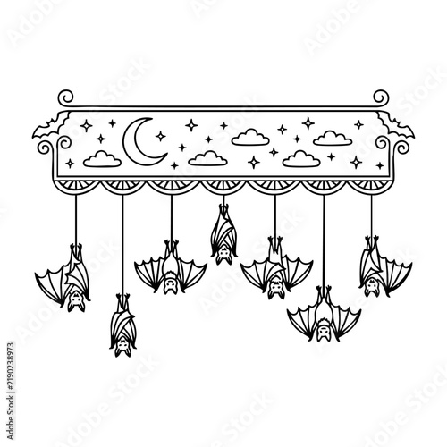 Hanging Bats and Crescent Moon Night Illustration
