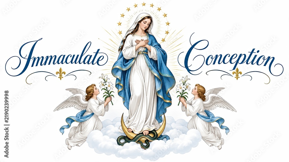Fototapeta premium Vintage religious illustration of the Virgin Mary with angels, clouds, stars, and the visible phrase “Immaculate Conception.”
