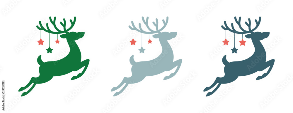 Fototapeta premium Reindeer Silhouette Trio: Festive green, grey, and blue reindeer silhouettes with hanging star ornaments. holiday graphic, christmas design, winter icon, celebratory art, animal illustration.