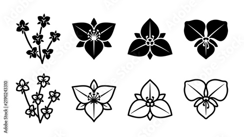 Trillium Flower Icon Set: A collection of stylized black and white trillium flower icons, featuring both solid silhouettes and outline versions, perfect for botanical or nature-themed designs.