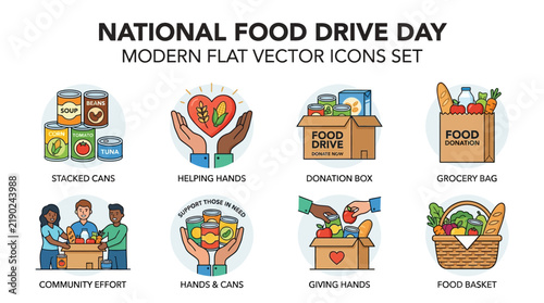 National Food Drive Day modern flat vector icons set illustration showing charity, donation boxes, grocery bags, and community help