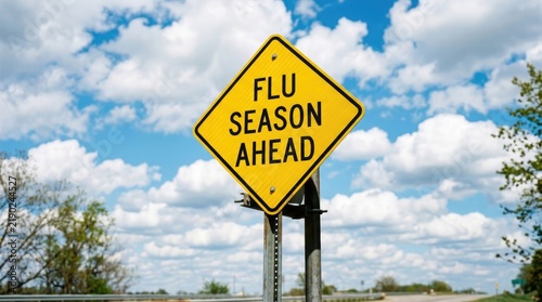 Yellow diamond shaped warning sign with text flu season ahead against a blue sky with white clouds