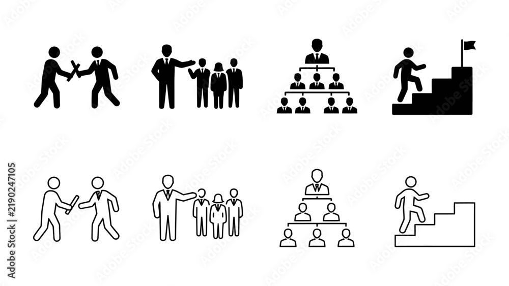 Fototapeta premium Business Icon Set: A collection of black and white vector icons depicting key business concepts like teamwork, leadership, hierarchy, and career progression.