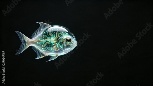 Visionary Bio-Digital Cyber-Barreleye: Symbol of Agentic AI and Future Technology. The visual representation of the internal structure (circuits, nodes) signifies a transparent, understandable, and ve