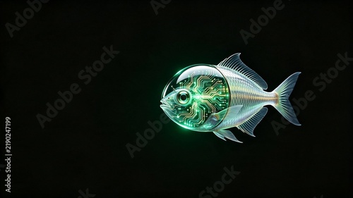 Visionary Bio-Digital Cyber-Barreleye: Symbol of Agentic AI and Future Technology. The visual representation of the internal structure (circuits, nodes) signifies a transparent, understandable, and ve