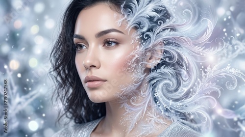 Portrait of a beautiful young woman with magical ice crystals and glowing frozen swirls around her face