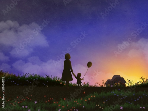 Silhouette of a mother and son walking hand-in-hand back home; the boy is holding a balloon; a digital illustration suitable for use as a background.