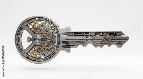 Steampunk clockwork key photo. Detailed metallic mechanism with visible gears, springs, and cogs inside a skeleton structure. Industrial technology concept for security, time, and access.