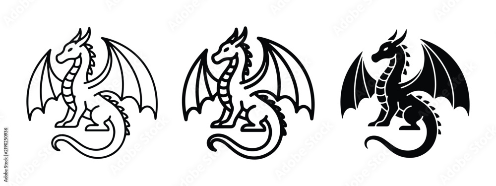 Fototapeta premium Dragon Icons Set, Mythical Creature Vector Graphics, Fantasy Beast Symbols, Black and White