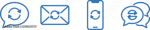 Set of communication icons with refresh and sync arrows, including speech bubbles, email envelope, and smartphone, vector illustration