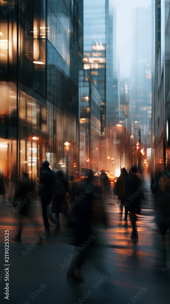 Obraz premium Blurred city street with walking pedestrians at dusk