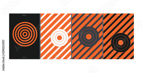 Modern geometric abstract poster design set featuring concentric circular patterns and diagonal striped backgrounds in vibrant orange and black