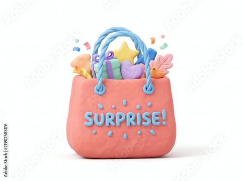 3D clay surprise gift bag filled with treats isolated on white background