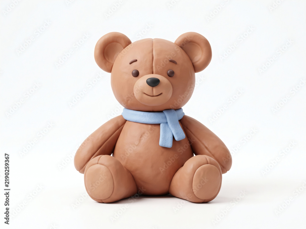 Fototapeta premium Cute 3D clay teddy bear toy sitting with scarf isolated on white background