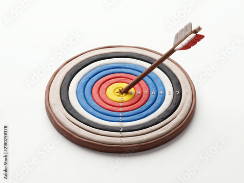 3D target board with arrow in bullseye isolated on white background