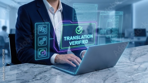 Business using laptop with digital translation verified hologram interface for global communication and language processing technology