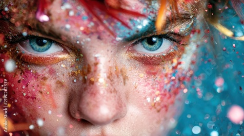 A striking close-up of a face adorned with colorful sparkles and makeup, capturing a vibrant artistic celebration that evokes creativity and self-expression.