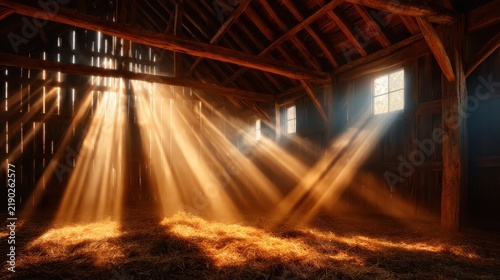 A captivating interior shot of a rustic barn flooded with golden sunbeams, highlighting the essence of natural light and creating a serene, warm atmosphere in the countryside.