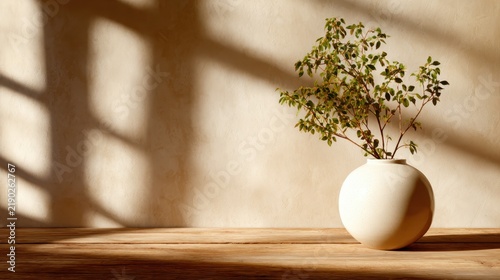 A minimalist setup featuring a simple vase with branches gracefully placed on a wooden table, illustrating serenity and modern decor aesthetics in home spaces.