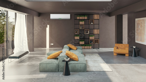 3D rendering, 3d illustration, Large Luxury modern living room interior,  brutalist architecture realistic lighting,  Graphic Overlay wide angle, contemporary furniture, clean lines, minimalist decor,