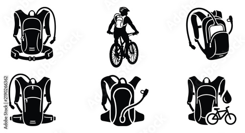 Cycling equipment icons depict hydration packs bottles and repair tools