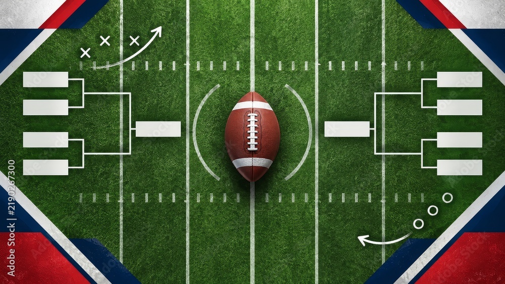 Fototapeta premium Exciting american football championship game day illustration with playoff bracket and football on the field