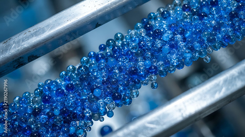 Blue silica gel beads flowing on industrial metal conveyor belt for moisture absorption.