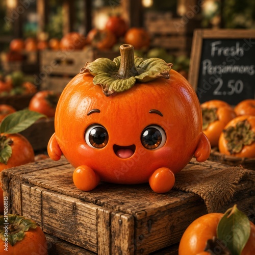 Cute cartoon persimmon character sitting on a wooden crate at a market